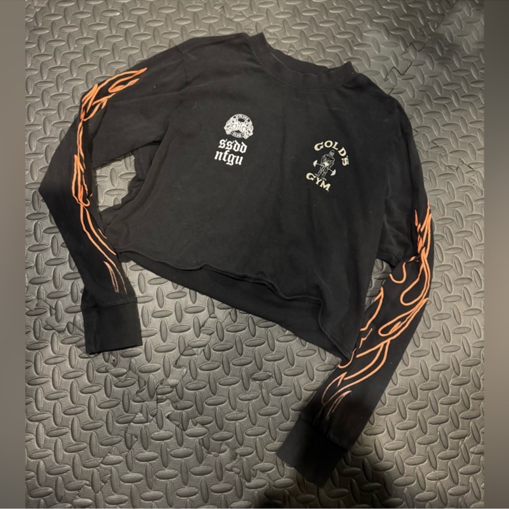 Darc sport Black Cropped Sweatshirt with Orange Flame Sleeves